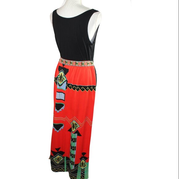 Paganne Gene Berk Signed Red Tribal Art Deco Vintage Maxi Skirt, Size 12 - Picture 6 of 9
